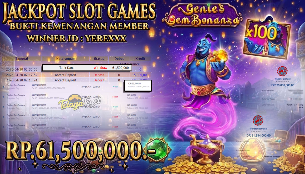 TELAGATOGEL JACKPOT SLOT GENIES GEM BONANZA ( PRAGMATIC PLAY) Rp 61,500,000.- LUNAS