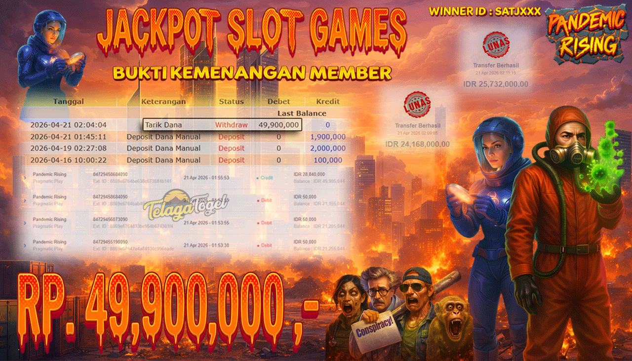 TELAGATOGEL JACKPOT SLOT PANDEMIC RISING ( PRAGMATIC PLAY) Rp 49,900,000.- LUNAS