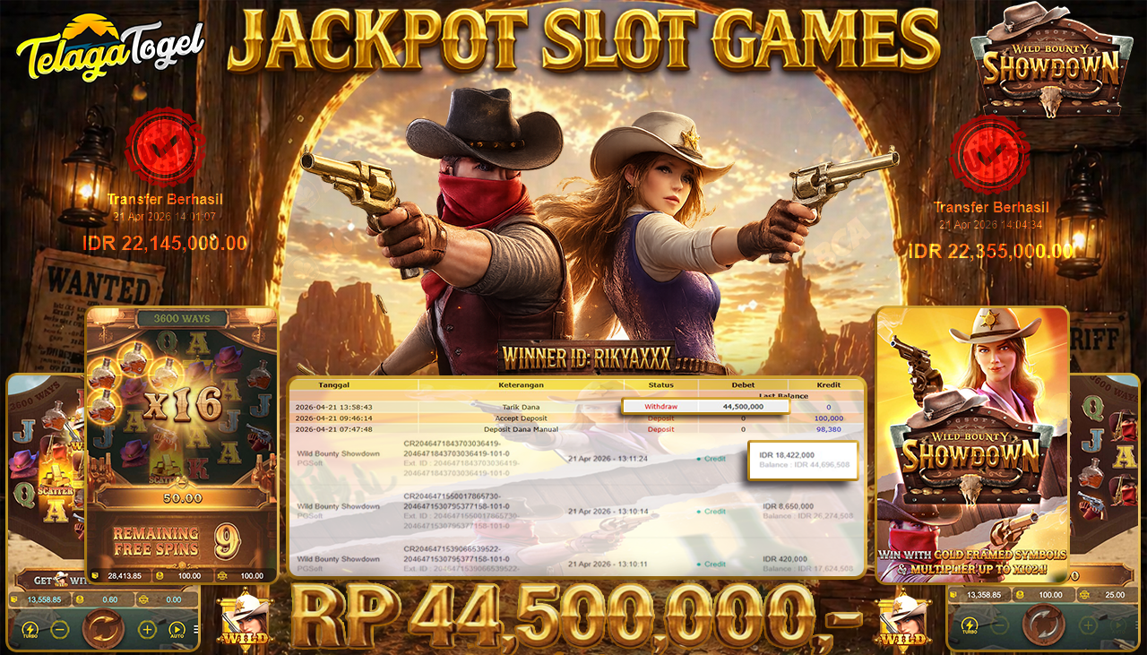TELAGATOGEL JACKPOT SLOT WILD BOUNTY SHOWDOWN ( PGSOFT ) Rp 44,500,000.- LUNAS
