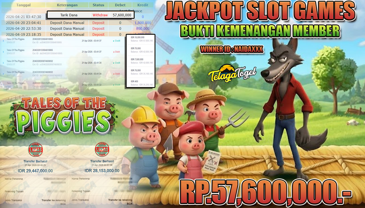 TELAGATOGEL JACKPOT SLOT TALES OF THE PIGGIES  ( IDNSLOT) Rp 57,600,000.- LUNAS