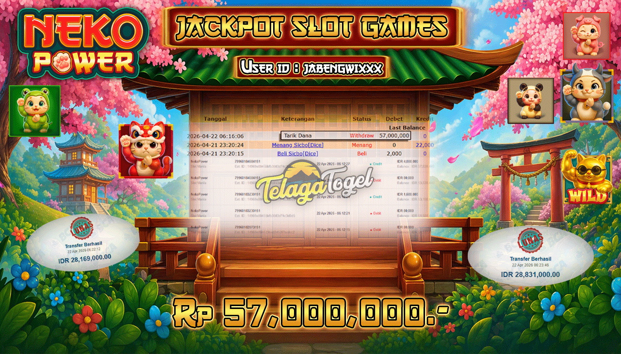 TELAGATOGEL JACKPOT SLOT NEKO POWER ( SLOT MANIA ) Rp 57,000,000.- LUNAS