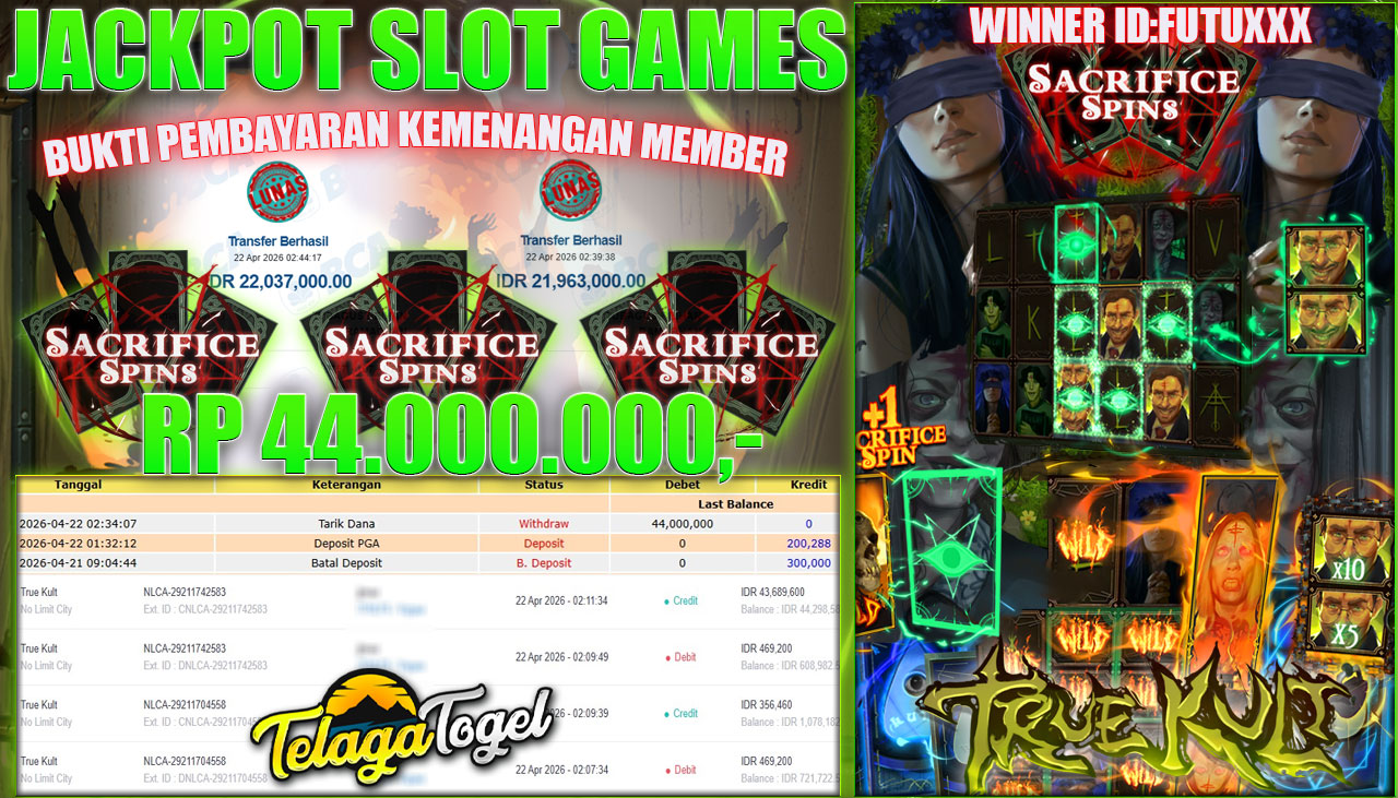 TELAGATOGEL JACKPOT SLOT TRUE KULT(NO LIMIT CITY) Rp 44,000,000.- LUNAS