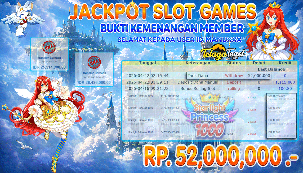 TELAGATOGEL JACKPOT SLOT STARLIGHT PRINCESS 1000 ( PRAGMATIC PLAY) Rp 52,000,000.- LUNAS