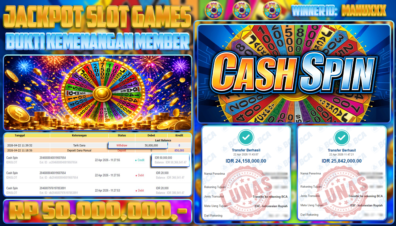 TELAGATOGEL JACKPOT SLOT CASH SPIN(IDNSLOT) Rp 50,000,000.- LUNAS