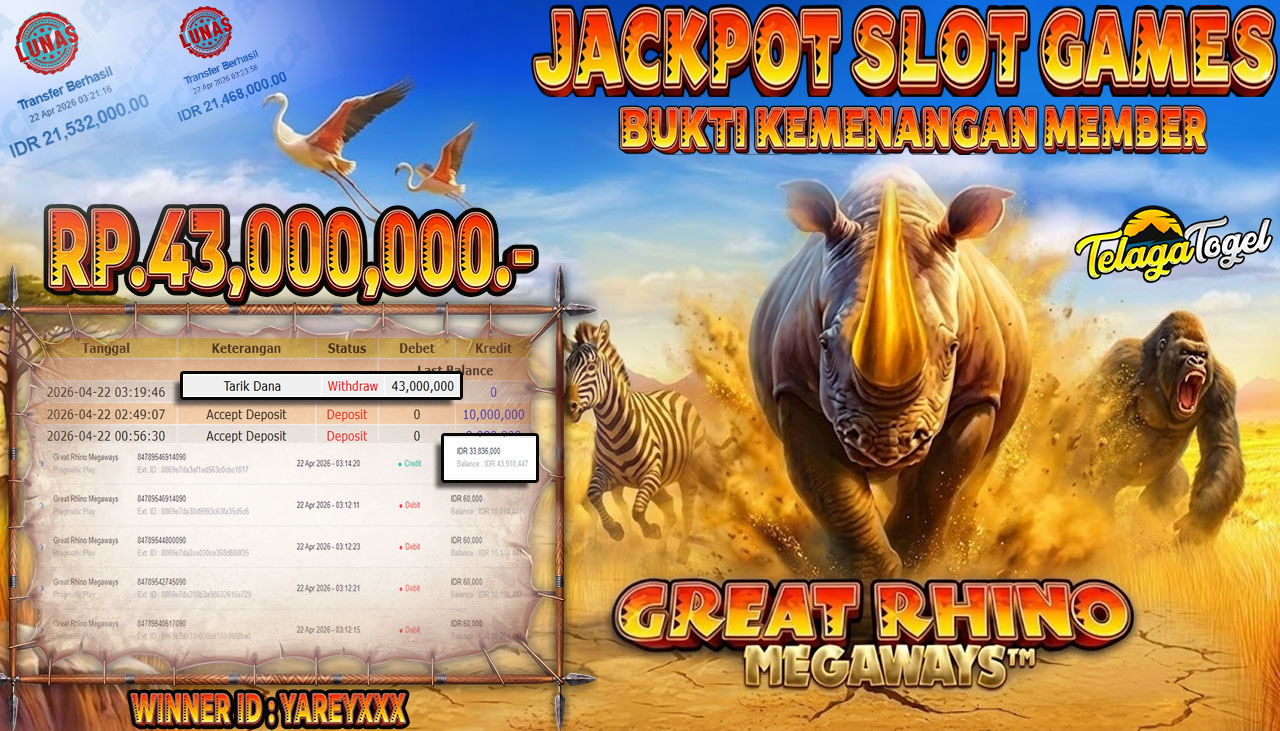 TELAGATOGEL JACKPOT SLOT GREAT RHINO MEGAWAYS ( PRAGMATIC PLAY) Rp 43,000,000.- LUNAS