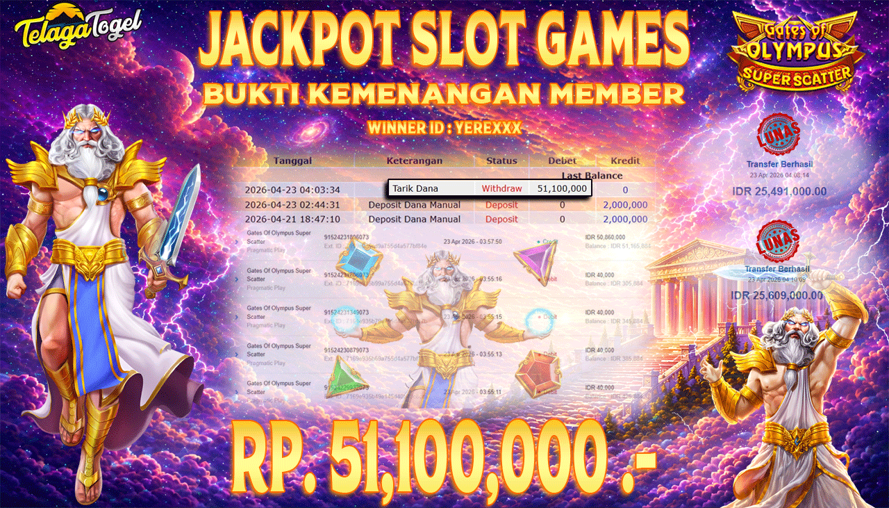 TELAGATOGEL JACKPOT SLOT GATES OF OLYMPUS SUPER SCATTER (PRAGMATIC PLAY) Rp 51,100,000.- LUNAS