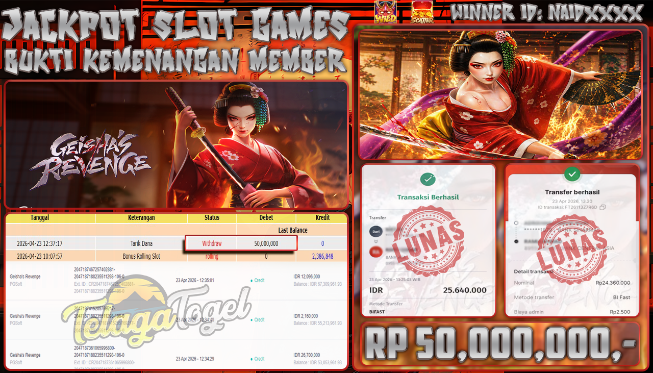 TELAGATOGEL JACKPOT SLOT GEISHA'S REVENGE (PGSOFT) Rp 50,000,000.- LUNAS