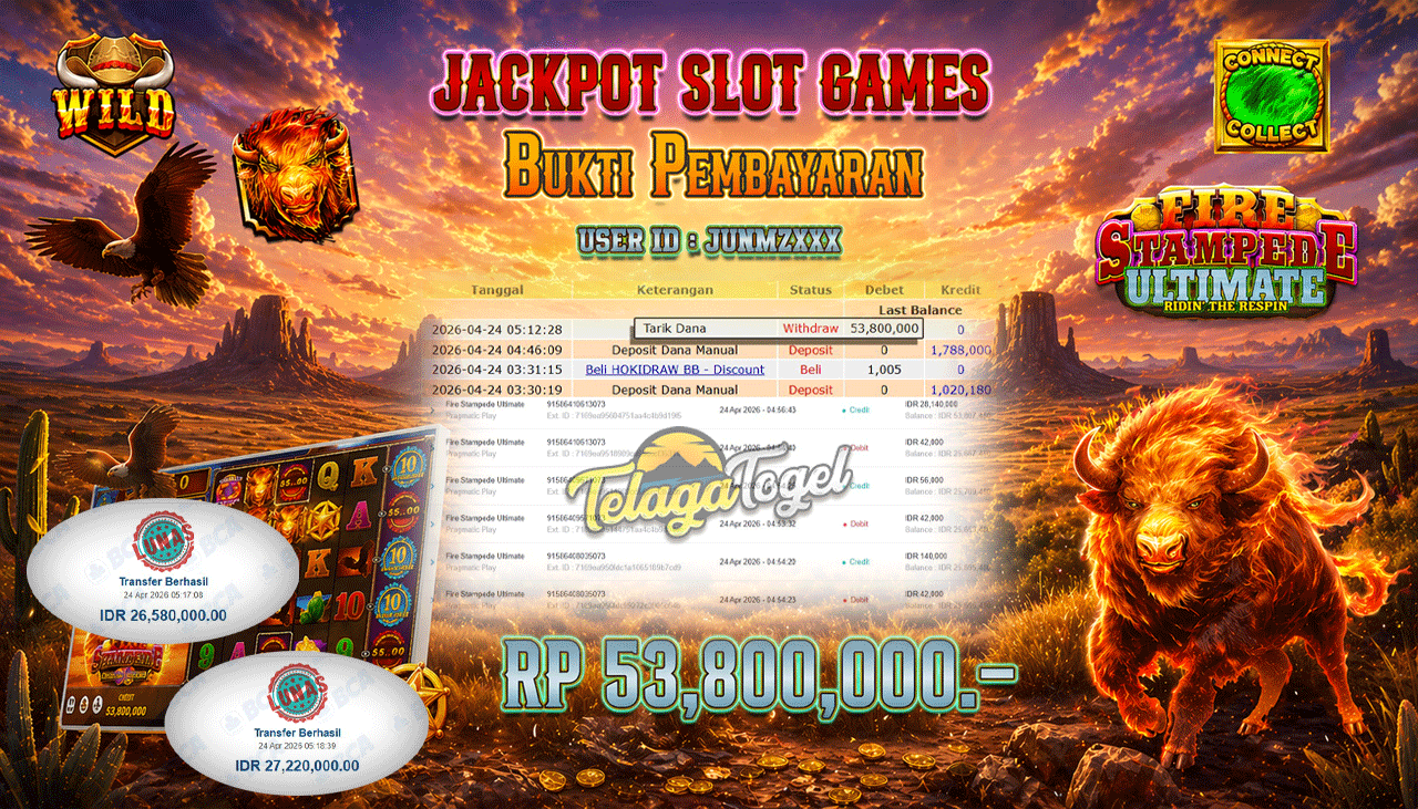 TELAGATOGEL JACKPOT SLOT FIRE STAMPEDE ULTIMATE (PRAGMATIC PLAY) Rp 53,800,000.- LUNAS