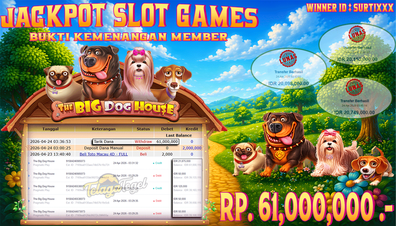 TELAGATOGEL JACKPOT SLOT THE BIG DOG HOUSE (PRAGMATIC PLAY) Rp 61,000,000.- LUNAS
