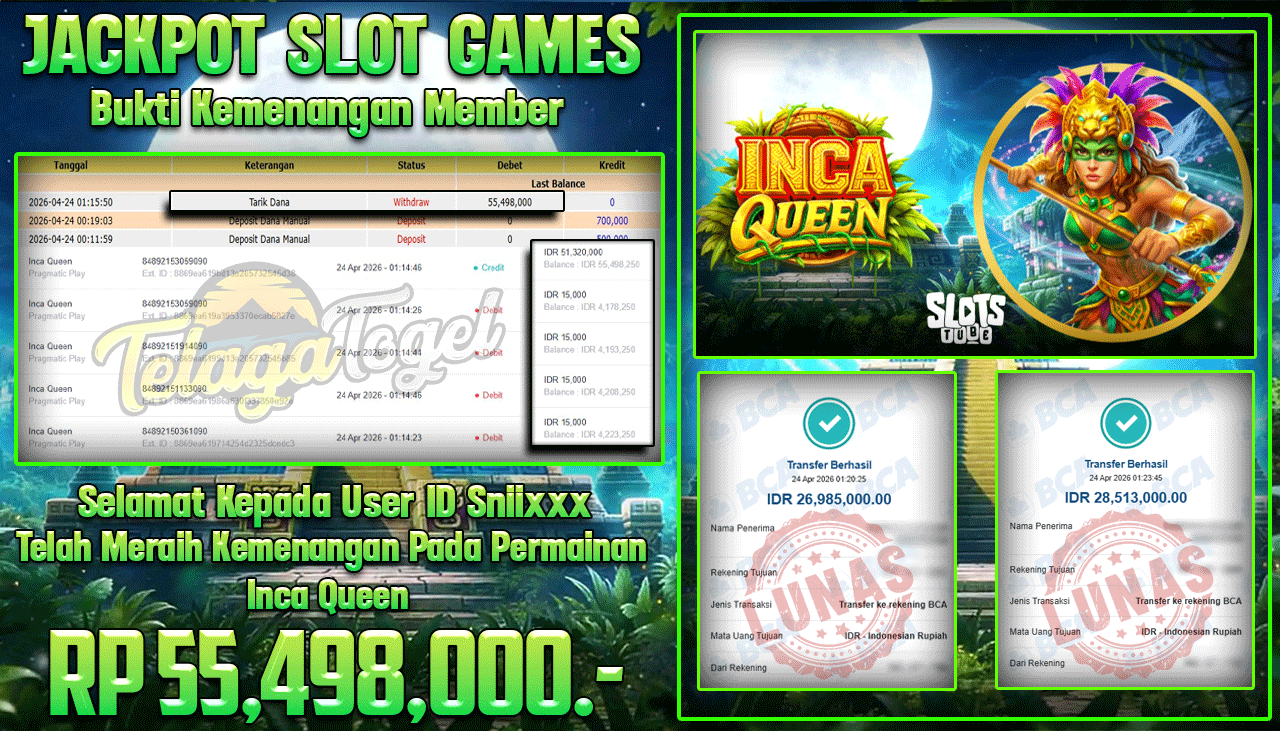 TELAGATOGEL JACKPOT SLOT INCA QUEEN (PRAGMATIC PLAY) Rp 55,498,000.- LUNAS