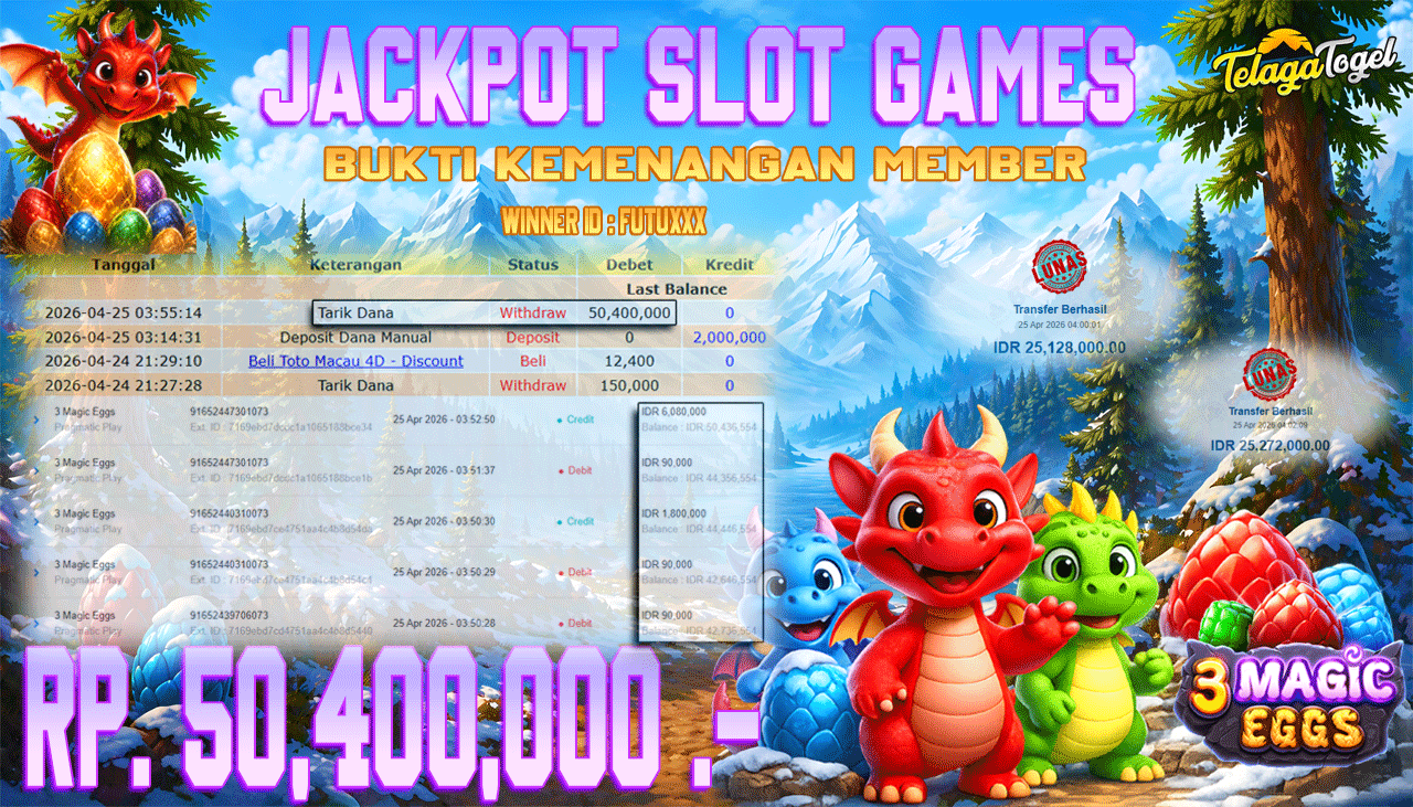 TELAGATOGEL JACKPOT SLOT 3 MAGIC EGGS  (PRAGMATIC PLAY) Rp 50,400,000.- LUNAS