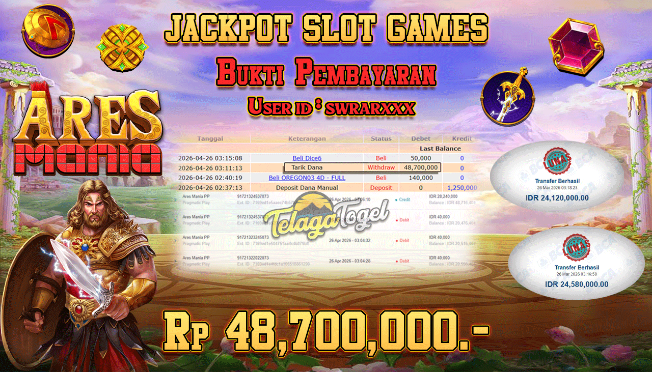 TELAGATOGEL JACKPOT SLOT ARES MANIA (PRAGMATIC PLAY) Rp 48,700,000.- LUNAS