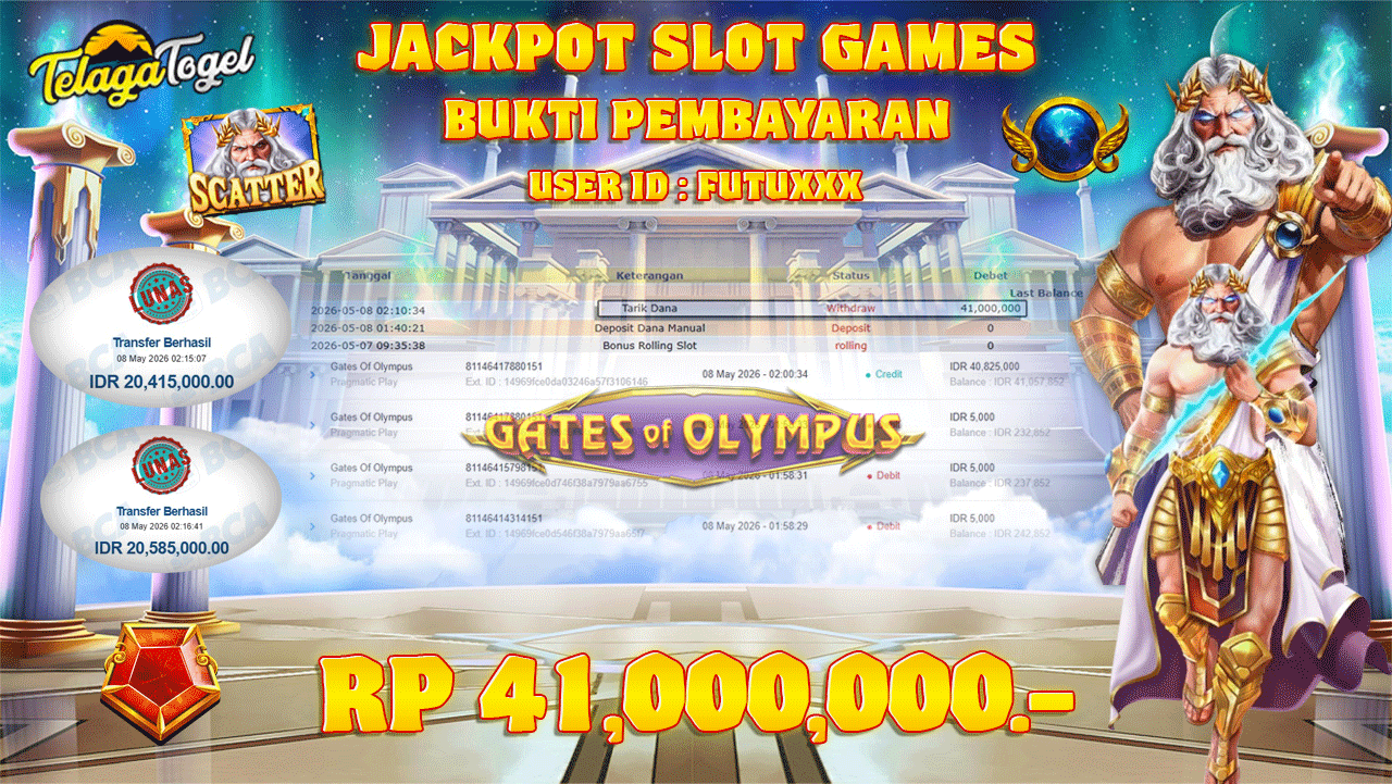 TELAGATOGEL JACKPOT SLOT GATES OF OLYMPUS (PRAGMATIC PLAY) Rp 41,000,000.- LUNAS