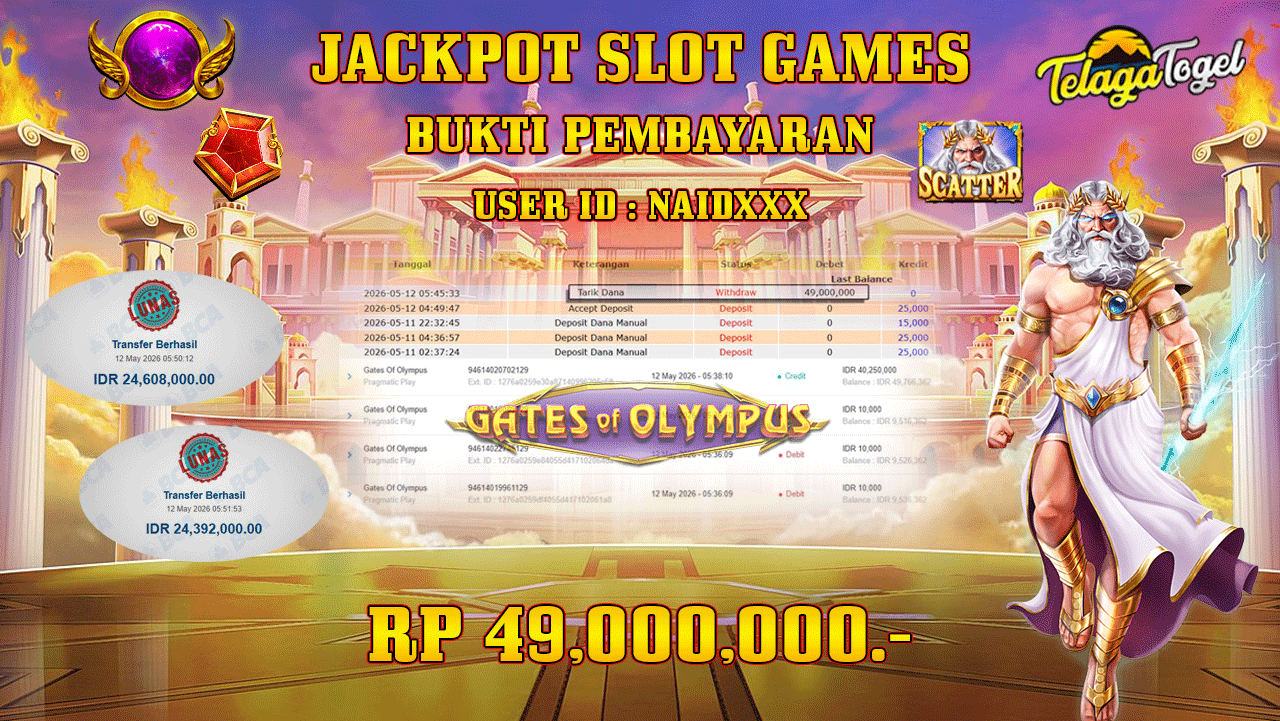 TELAGATOGEL JACKPOT SLOT GATES OF OLYMPUS (PRAGMATIC PLAY) Rp 49,000,000.- LUNAS