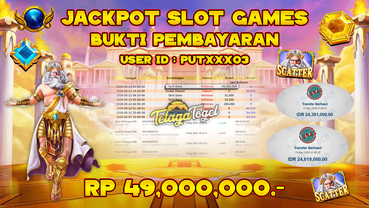 TELAGATOGEL JACKPOT SLOT GATES OF OLYMPUS 1000 (PRAGMATIC PLAY) Rp 49,000,000.- LUNAS