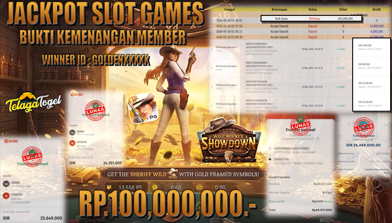 TELAGATOGEL JACKPOT SLOT WILD BOUNTY SHOWDOWN (PG SOFT) Rp 100,000,000.- LUNAS
