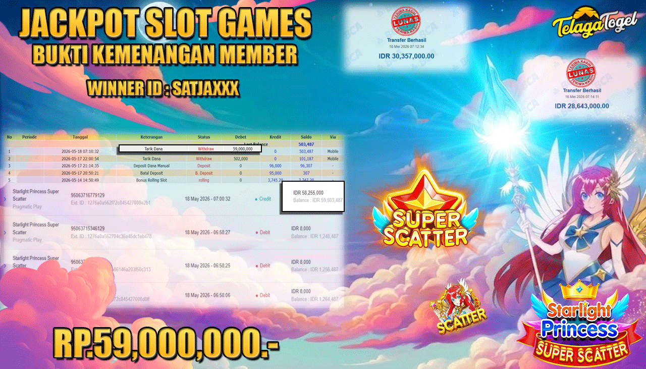 TELAGATOGEL JACKPOT SLOT STARLIGHT PRINCESS SUPER SCATTER( PRAGMATIC PLAY ) Rp 59,000,000.- LUNAS