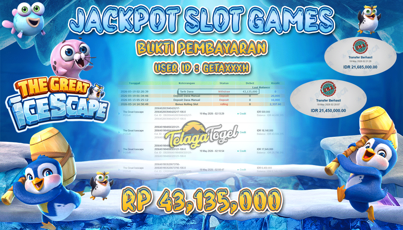 TELAGATOGEL JACKPOT SLOT THE GREAT ICESCAPE ( PGSOFT ) Rp 43,135,000.- LUNAS