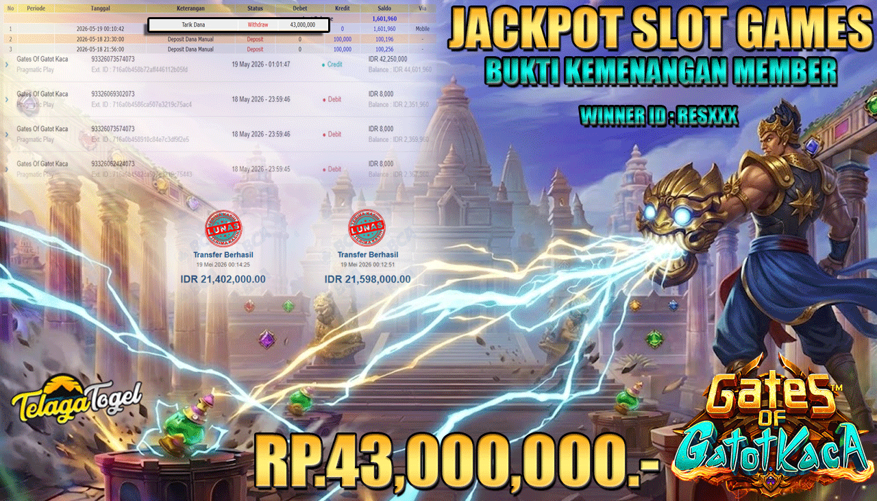 TELAGATOGEL JACKPOT SLOT GATES OF GATOT KACA ( PRAGMATIC PLAY ) Rp 43,000,000.- LUNAS