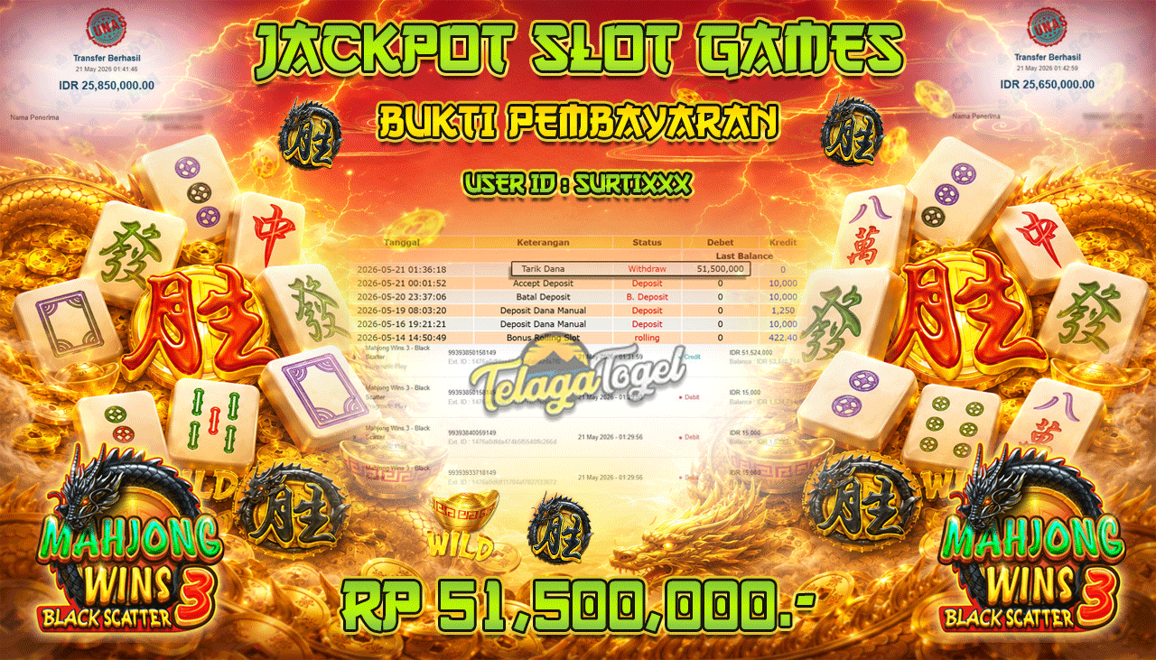 TELAGATOGEL JACKPOT SLOT MAHJONG WINS 3 - BLACK SCATTER ( PRAGMATIC PLAY ) Rp 51,500,000.- LUNAS