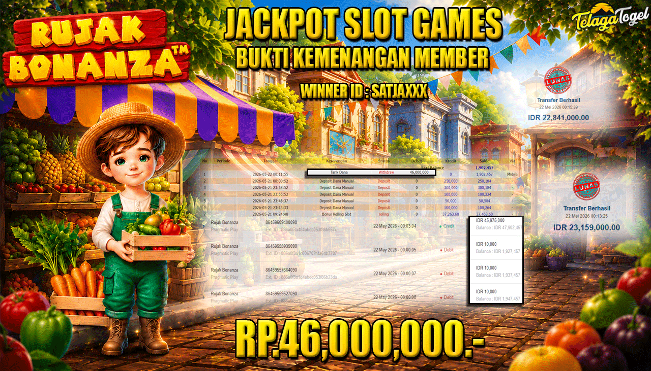 TELAGATOGEL JACKPOT SLOT RUJAK BONANZA ( PRAGMATIC PLAY ) Rp 46,000,000.- LUNAS