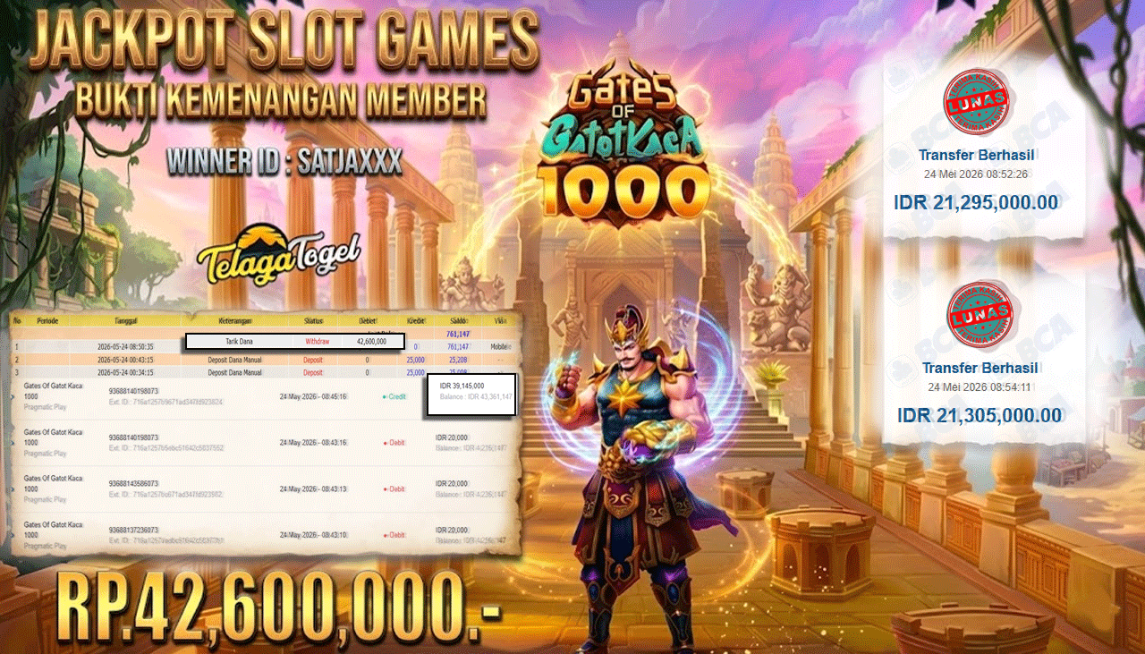 TELAGATOGEL JACKPOT SLOT GATES OF GATOTKACA 1000( PRAGMATIC PLAY ) Rp 42,600,000.- LUNAS