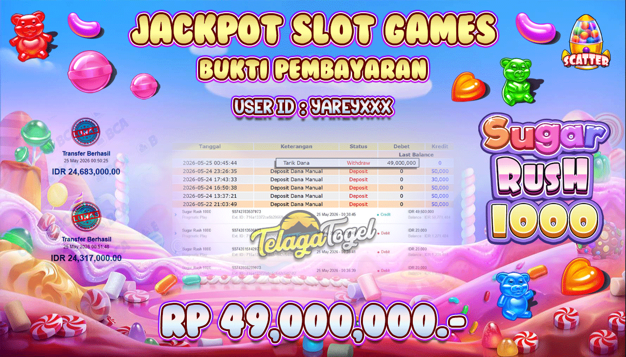 TELAGATOGEL JACKPOT SLOT  SUGAR RUSH 1000 ( PRAGMATIC PLAY ) Rp 49,000,000.- LUNAS