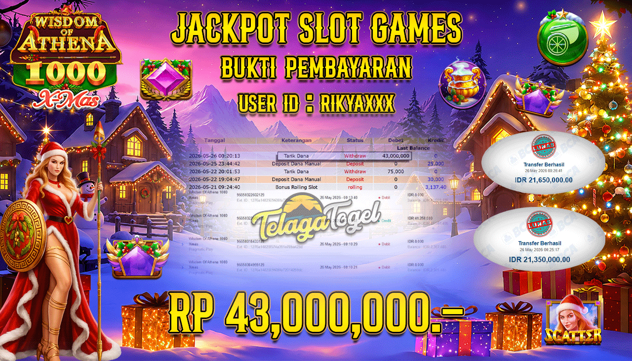 TELAGATOGEL JACKPOT SLOT WISDOM OF ATHENA 1000 XMAS ( PRAGMATIC PLAY ) Rp 43,000,000.- LUNAS