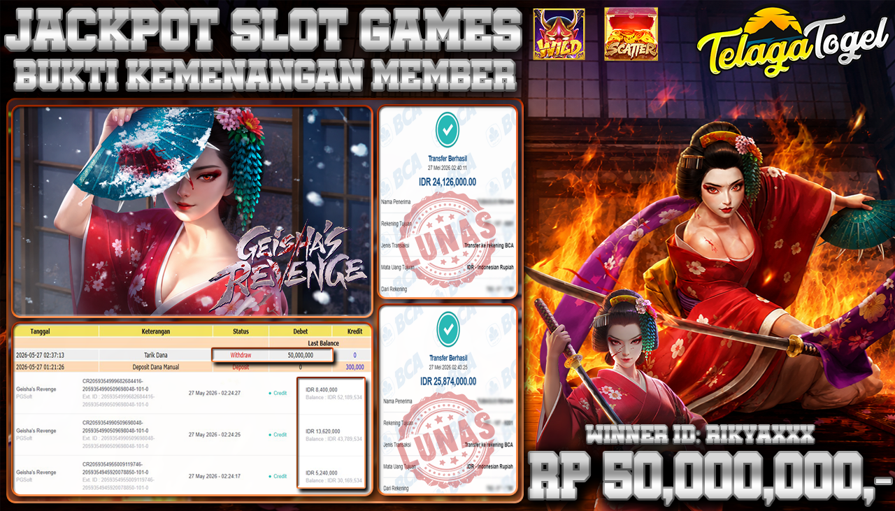 TELAGATOGEL JACKPOT SLOT GEISHA'S REVENGE ( PGSOFT ) Rp 50,000,000.- LUNAS