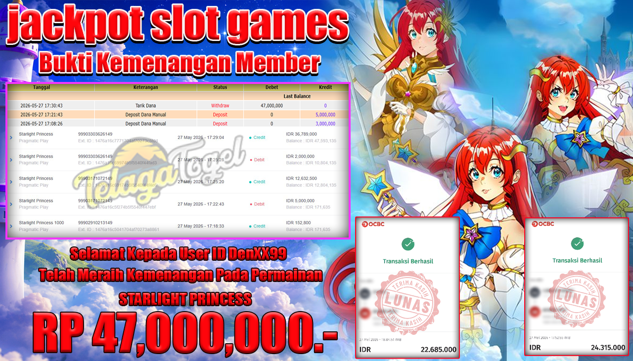 TELAGATOGEL JACKPOT SLOT STARLIGHT PRINCESS ( PRAGMATIC PLAY ) Rp 47,000,000.- LUNAS