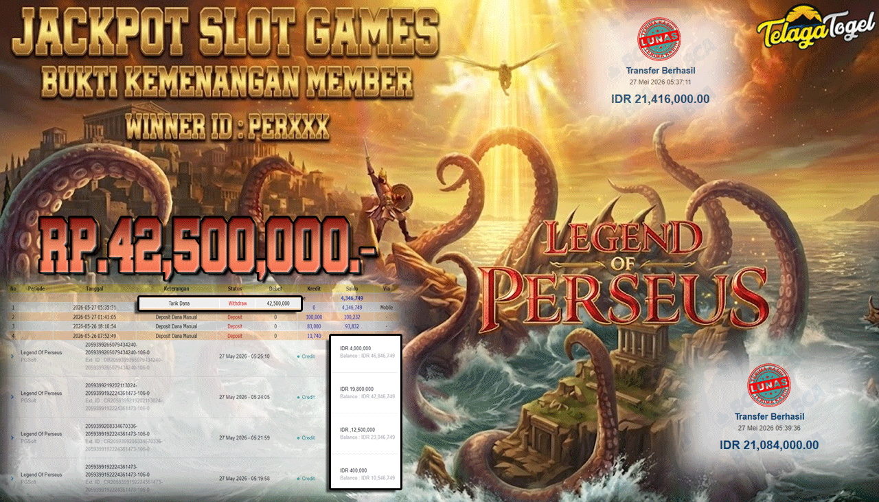 TELAGATOGEL JACKPOT SLOT LEGEND OF PERSEUS ( PG SOFT ) Rp 42,500,000.- LUNAS