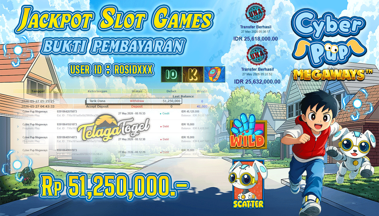 TELAGATOGEL JACKPOT SLOT CYBER PUP MEGAWAYS ( PRAGMATIC PLAY ) Rp 51,250,000.- LUNAS