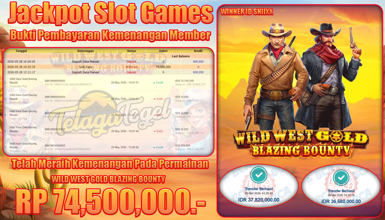 TELAGATOGEL JACKPOT SLOT WILD WEST GOLD BLAZING BOUNTY ( PRAGMATIC PLAY ) Rp 74,500,000.- LUNAS