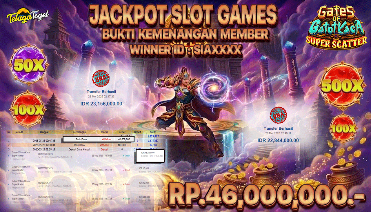TELAGATOGEL JACKPOT SLOT GATES OF GATOTKACA SUPER SCATTER ( PRAGMATIC PLAY ) Rp 46,000,000.- LUNAS
