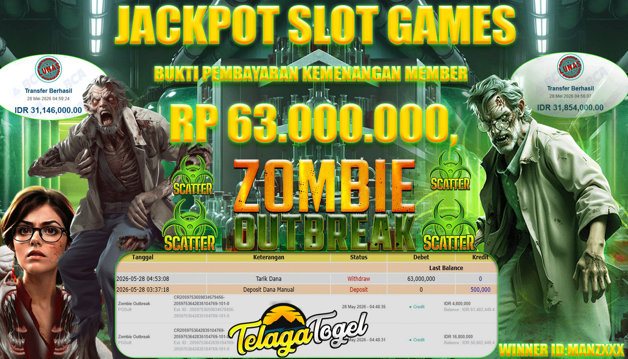 TELAGATOGEL JACKPOT SLOT ZOMBIE OUTBREAK ( PG SOFT ) Rp 63,000,000.- LUNAS