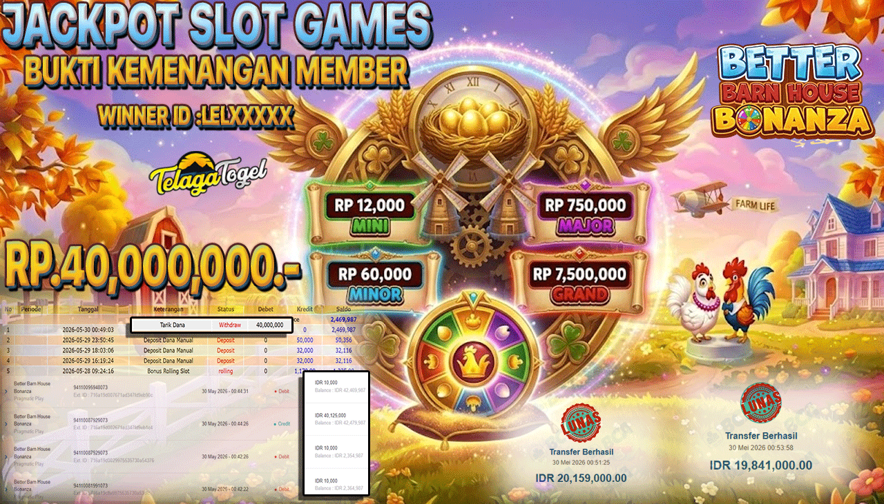 TELAGATOGEL JACKPOT SLOT BETTER BARN HOUSE BONANZA ( PRAGMATIC PLAY ) Rp 40,000,000.- LUNAS